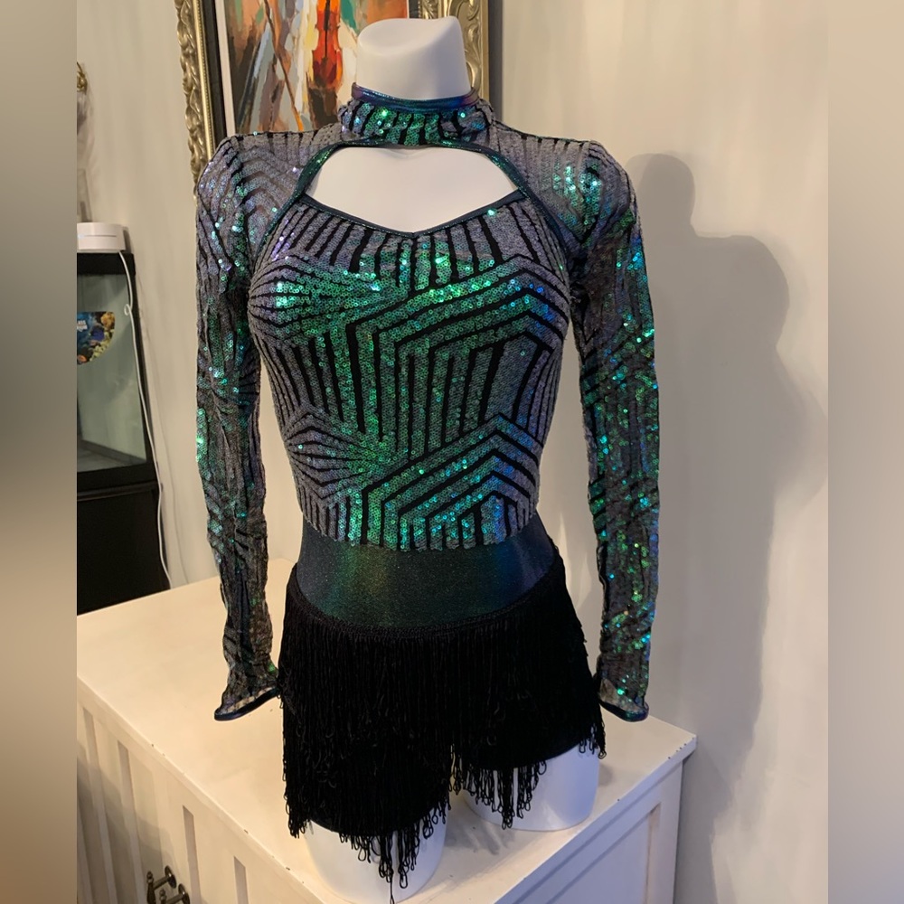 Weissman Green and Black Sequin Dance Costume with Fringe Skirt